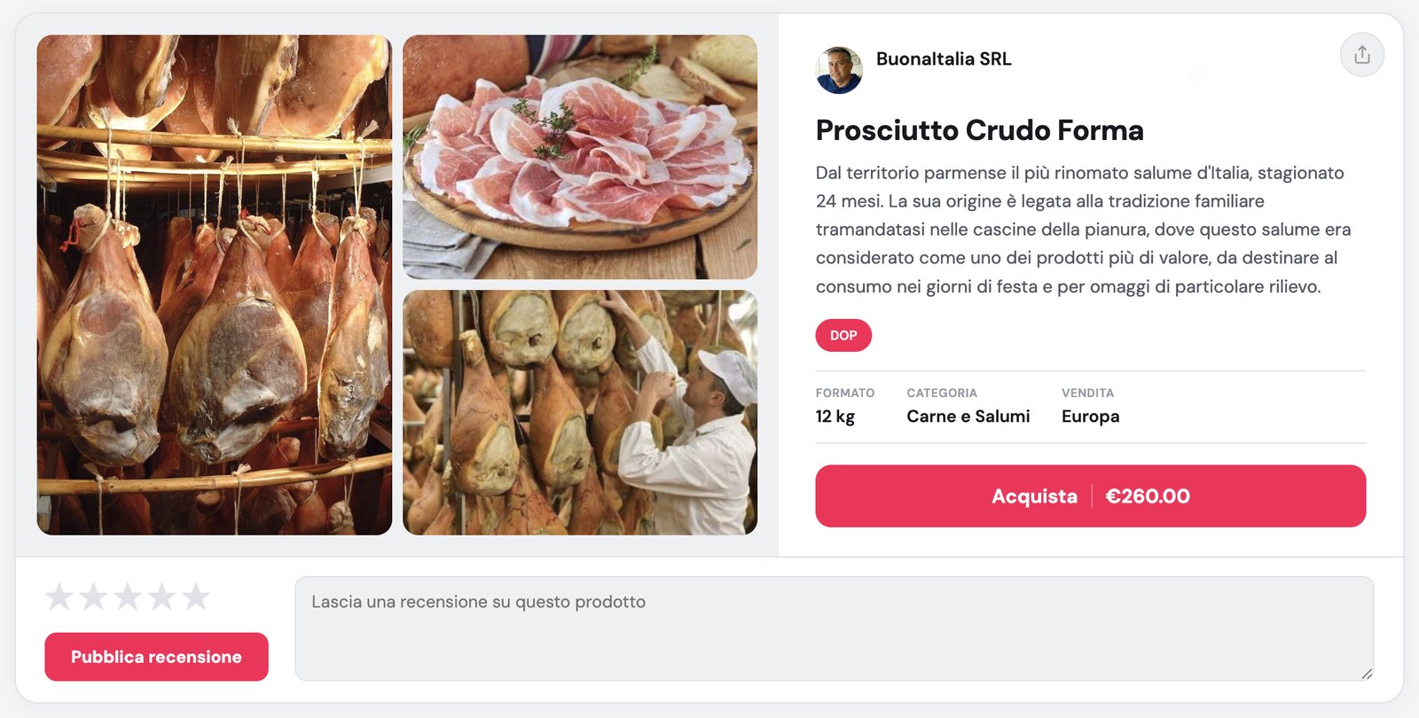 Card prodotto UOVVO con il bottone di condivisione in alto a destra