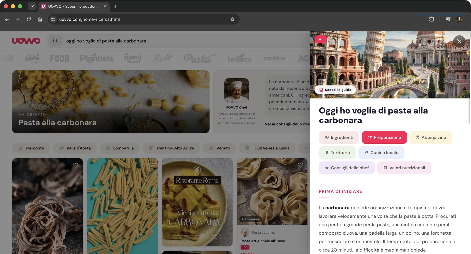 UOVVO - interfaccia di ricerca con i consigli AI dello chef