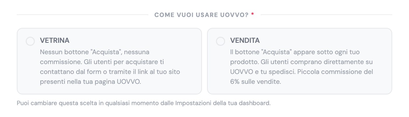 Schermata di scelta tra Vetrina e Vendita durante la registrazione